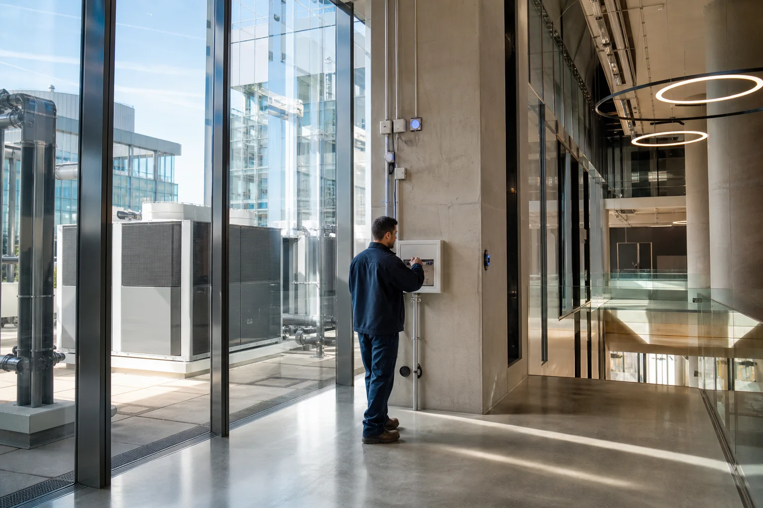 Ingeniero supervisando los sistemas de un edificio inteligente